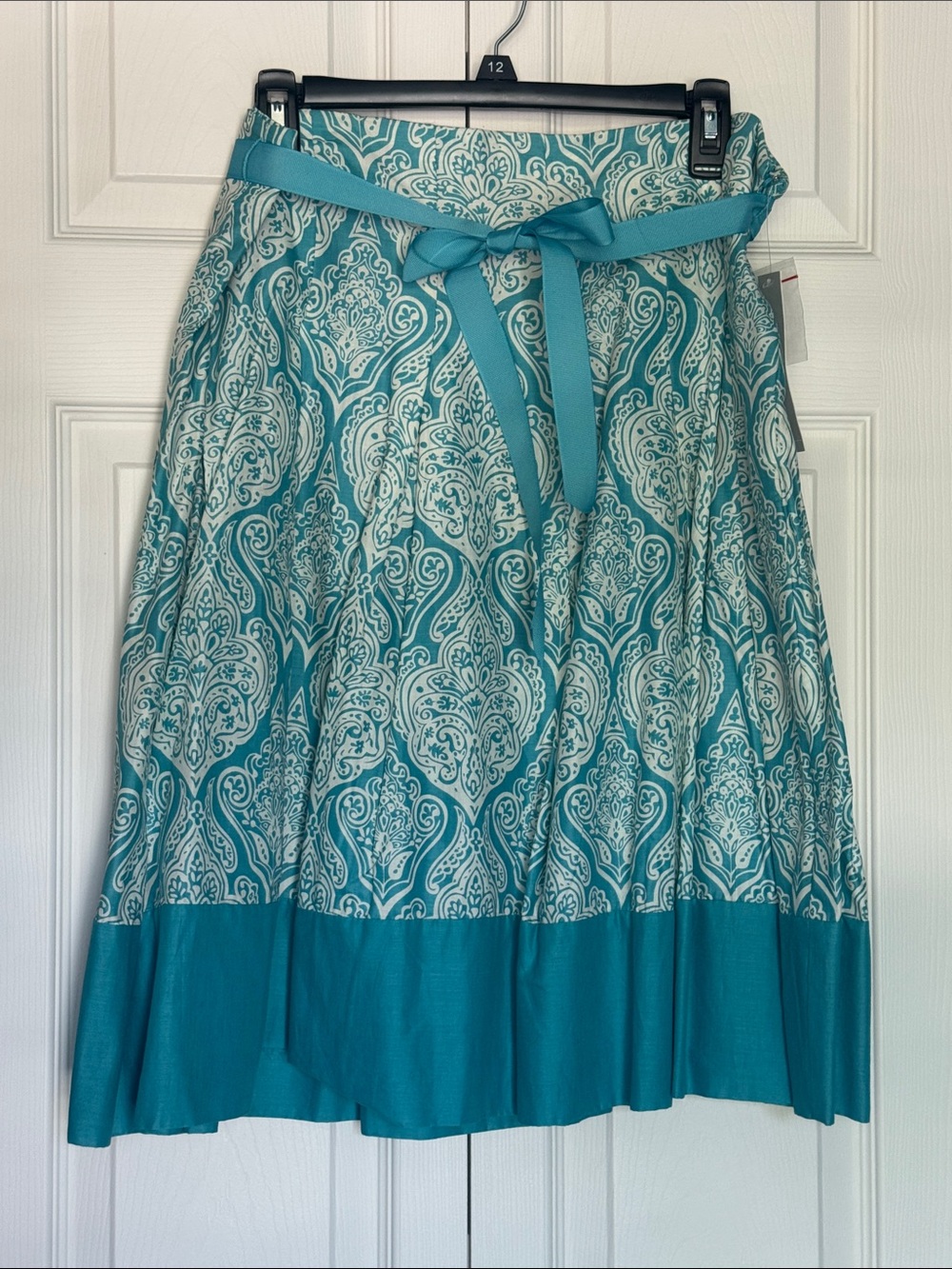 Apt. 9 Teal and White Paisley A-Line Skirt with Waist Tie